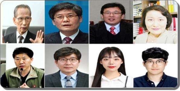 ▲사진 상단 좌측부터 시계방향으로 한승헌 변호사, 김희수 변호사, 오창익 인권연대 사무국장, 구성희 중국학 박사, 박민웅 대학생, 신유정 대학생, 최승후 고교 교사, 전대식 지역신문노조협의회 의장.