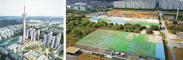 개발 조감도(좌측)와 옛 대한방직 부지(우측)