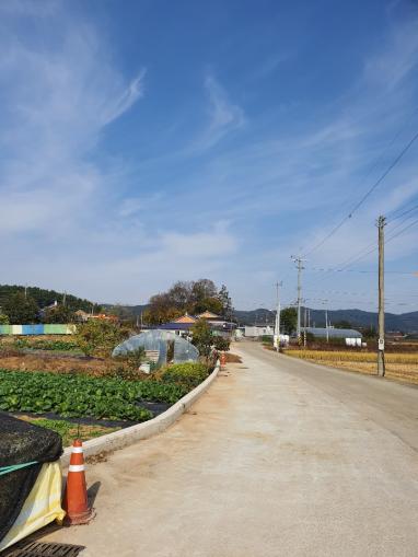 장점마을 입구(멀리 비료공장이 있는 마을 뒷산이 보인다)