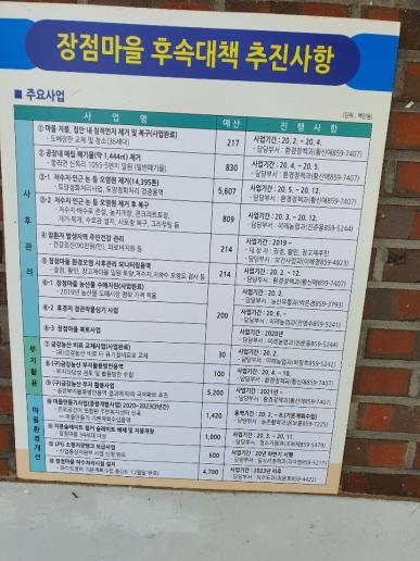 장점마을 노인당 앞에 세워진 후속대책 추진상황 표.