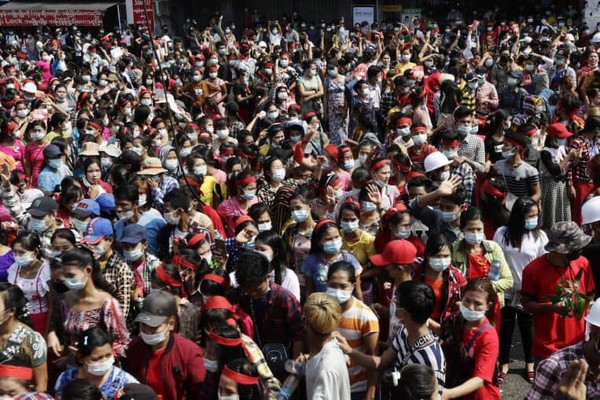Protesters gather in a demonstration against the military coup, in Yangon, Myanmar, on Feb 6, 2021.PHOTO: EPA-EFE 