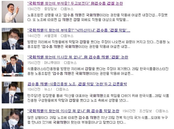 김수흥 국회의원 관련 서울언론 기사들(포컬 '다음' 캡쳐)