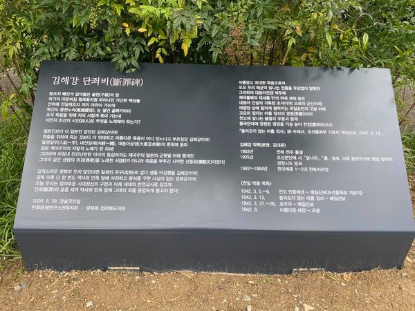 지난해 8월 29일 설치됐던 김해강 단죄비.