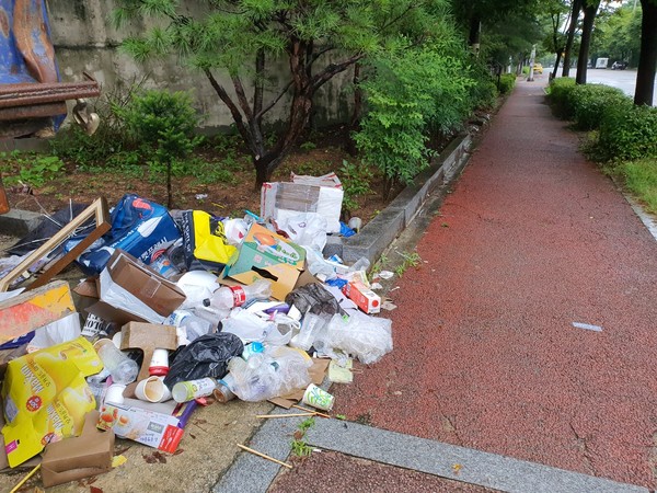   전주시 덕진구 송천동 건지산 입구 주변에 버려진 쓰레기들이 오랫동안 방치돼 악취가 진동하고 있다.