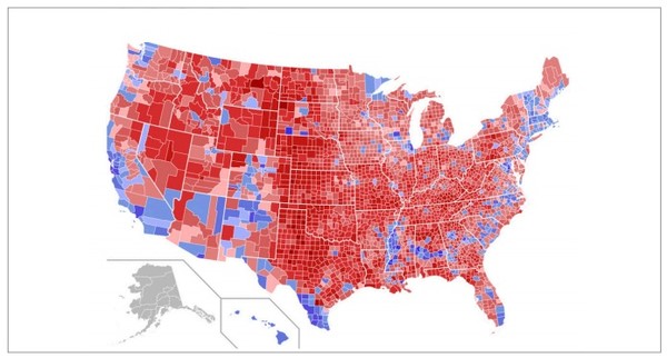 미국의 경우, 도시와 농촌 간의 경제적, 문화적 격차가 벌어지면서, 대통령 선거에서 도농간 유권자 투표 성향의 차이가 뚜렷하게 나타나기 시작했다. 붉은색의 농촌지역은 공화당, 파란색의 도시지역은 민주당이 우세한 지역이다. 도날드 트럼프 대통령 당선 이후 심화된 미국사회의 갈등은 정치 이념의 갈등인 동시에 지역 갈등이기도 하다. 출처: 'The Source', 2020년 2월 18일 자.
