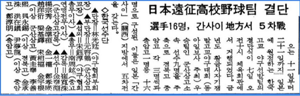 일본 원정 고교야구팀 결단식 기사(1972년 11월 7일 자 ‘동아일보’)