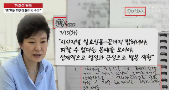 고 김영한 전 청와대 민정수석의 비망록에는 박근혜 대통령이 직접 특정 언론사를 지목해 ‘본때를 보여줘야 한다’고 말한 정황이 나왔다.(출처=TV조선)