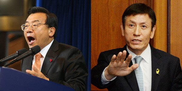 2014년 세월호 참사 당시 이정현 청와대 홍보수석(왼쪽)과 김시곤 당시 KBS 보도국장(오른쪽)