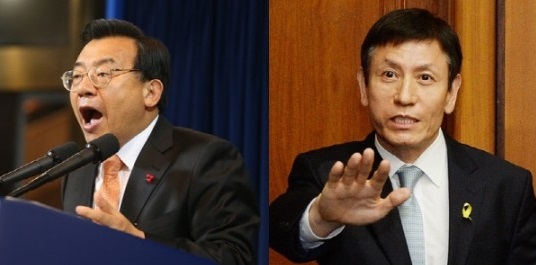 이정현 전 청와대 홍보수석(왼쪽)과 김시곤 KBS 전 보도국장(오른쪽)