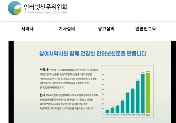 인터넷신문위원회 홈페이지 초기화면 캡처
