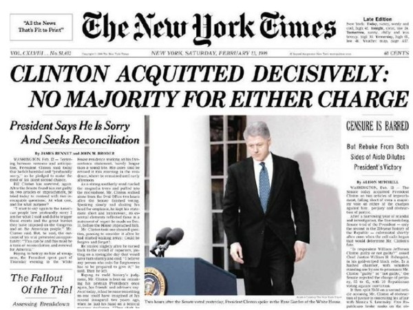 뉴욕타임스 1999냔 2월 12일 1면 기사(홈페이지 캡처)