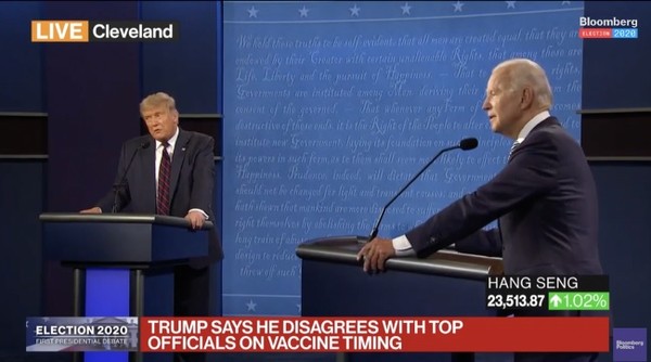 2020년 9월 29일 도널드 트럼프 미국 대통령과 민주당의 조 바이든 대선 후보가 첫 번째 TV토론 대결을 시작했다(블룸버그(Bloomberg) TV 캡처)