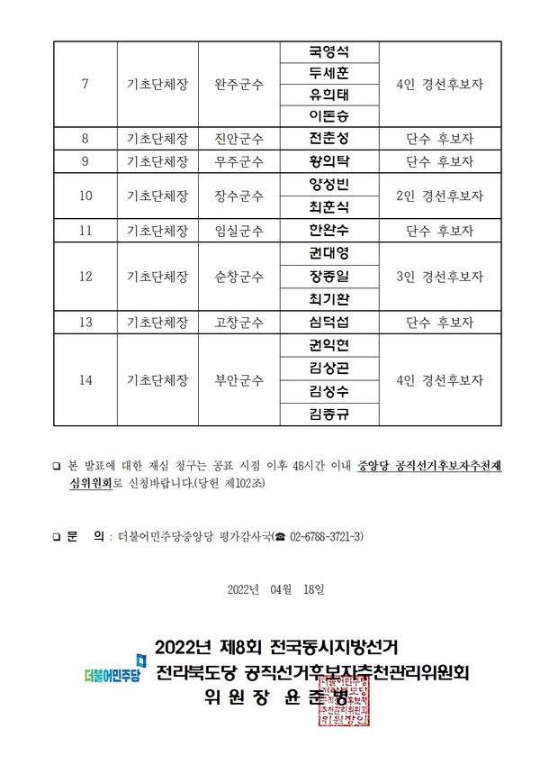 4월 18일 자 더불어민주당 전북도당 홈페이지 공지