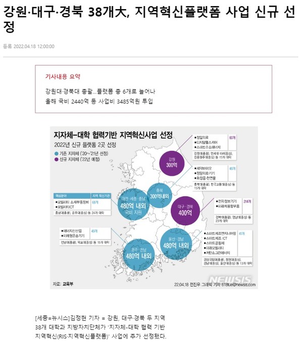 뉴시스 4월 18일 기사(홈페이지 갈무리)