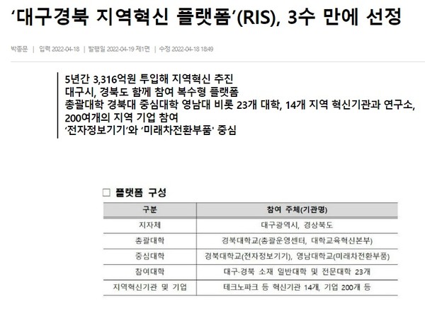 영남일보 4월 18일 기사(홈페이지 갈무리)