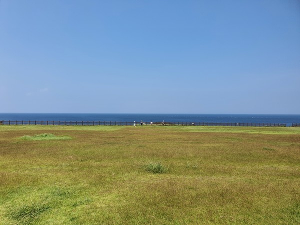 초원과 바다가 절묘한 조화를 이루고 있는 마라도 섬 전경.