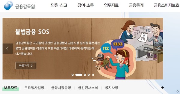 금융감독원 홈페이지(초기화면 갈무리)