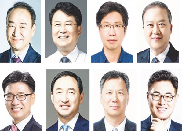 전북대 19대 총장 선거 후보(기호순, 사진 위 왼쪽부터 ). 1번 조재영 생물환경화학과 교수, 2번 이귀재 생명공학부 교수, 3번 김건 대학원기록관리학과 교수, 4번 양오봉 화학공학부 교수, 5번 김동근 법학전문대학원 교수, 6번 송양호 법학전문대학원 교수, 7번 한상욱 과학교육학부 교수, 8번 김정문 조경학과 교수.