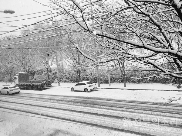 17일 대설주의보 발효 후 전주시내 도로 모습.