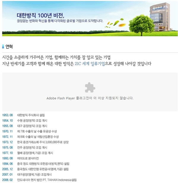 대한방직 홈페이지 '회사소개-연혁' 갈무리