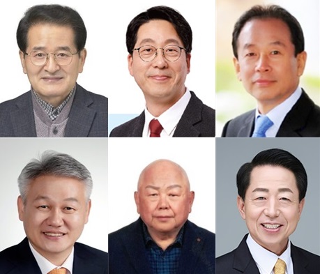 전주을 국회의원 재선거 후보. 사진 위 좌측부터(기호 순) 기호 2번 김경민 후보, 기호 4번 강성희 후보, 기호 5번 임정엽 후보, 기호 6번 김광종 후보, 기호 7번 안해욱 후보, 기호 8번 김호서 후보.