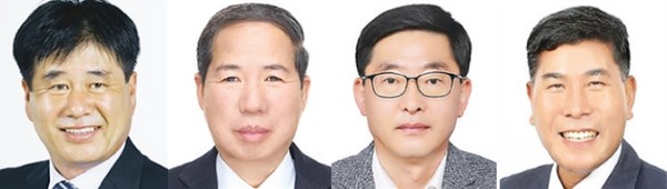 군산시나 선거구 재선거 후보. 좌측부터 기호 1번 더불어민주당 우종삼 후보, 기호 2번 국민의힘 오지성 후보, 기호 4번 무소속 윤요섭 후보, 기호 5번 무소속 김용권 후보