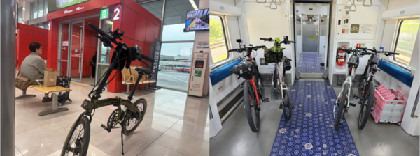 좌측은 6월 3일 전주고속터미널에서 오전 6시 15분 서울행 버스를 기다리는 사진. 우측은 ITX 춘천행 열차의 기차칸에 실은 일행들의 자전거(ITX는 맨 앞과 뒤의 기차에 8대의 자전거를 실을 수 있음).