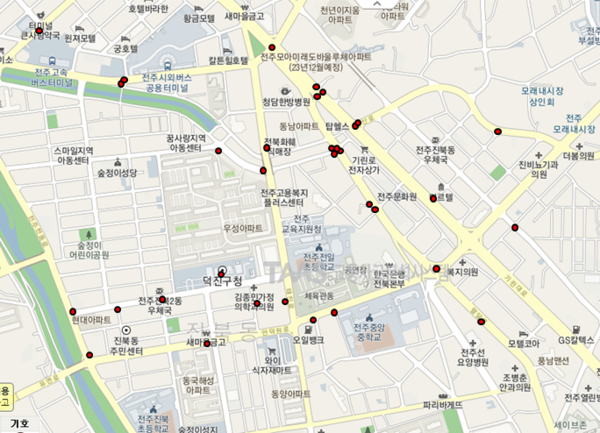 가장 높은 사고 발생이 이뤄진 진북동 금암광장 인근의 중상해 사고 분포도이다. 자료는 도로교통공단 교통사고분석시스템 데이터를 활용하여 만들었음.(인용시 본 기사의 출처를 명시할 것)