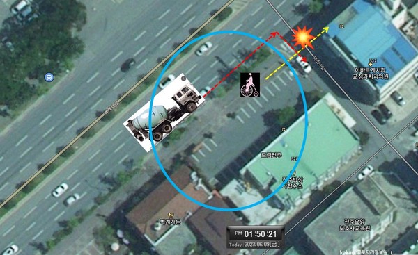 2021년 3월 18일 백제로 경기장 앞에서 벌어진 교통사고의 구조적 문제를 담은 모식도이다. 차로쪽으로 자전거가 달렸을경우(위) 사고가 나지 않고 보도 위를 달렸기에 사고가 발생(아래, 실제)한 것이라는 내용의 모식도임.