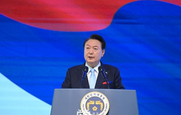 8월 15일 윤석열 대통령이 제78주년 광복절 경축식에 참석해 연설하고 있다.(사진=대통령실 제공)