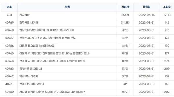 전주시청 홈페이지 자유게시판에 30일부터 31일 오전까지 올라온 시민과 팬들의 비판 글들(갈무리)