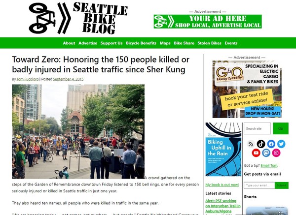 https://www.seattlebikeblog.com/의 2015년 9월 4일 기사. (교통사고 사망자) 제로를 위하여.'쿵 변호사 1주기를 맞아 울려퍼진 150번의 종소리'라고 이해할 수 있다. 사진은 시애틀바이크블로그 기사 캡처.