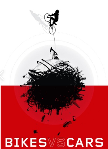 영화 '자전거 대 자동차' 포스터. 이 영화의 시작은 난마처럼 얽혀있는 지구를 위로 끌고 있는 자전거가 등장하는 장면이다.