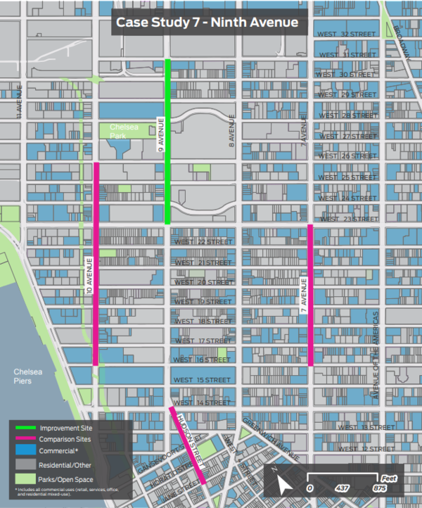 뉴욕 맨해튼 남부의 9번가 도로와 인근의 비교 지점.(출처: The Economic Benefits of Sustainable Streets. 뉴욕교통국)
