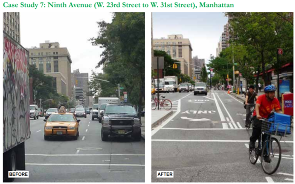 9번가 도로의 변화 전과 후의 모습.(출처: The Economic Benefits of Sustainable Streets. 뉴욕교통국)