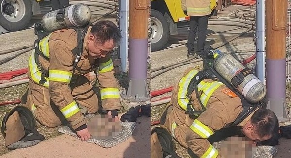 8일 군산시 수송동의 한 반려동물 분양업체 화재 현장에서 군산소방서 이호용 소방위가 강아지들을 구조하기 위해 심폐소생술을 하고 있다.(사진=전북특별자치도소방본부 제공)