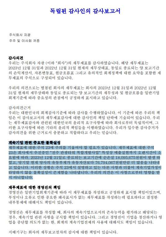 전주시민회가 공개한 (주)자광의 '2022~2023년 재무제표에 대한 감사보고서' 일부(갈무리)