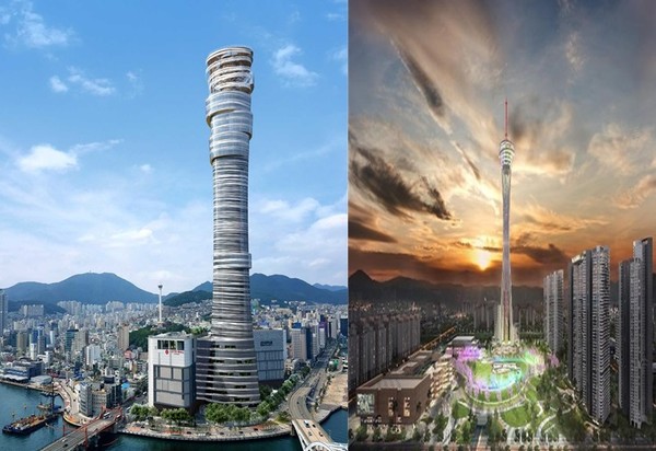 부산롯데타워 조감도(왼쪽, 롯데쇼핑 제공)와 (주)자광의 전주 도심 타워 조감도(오른쪽, 자광 제공)