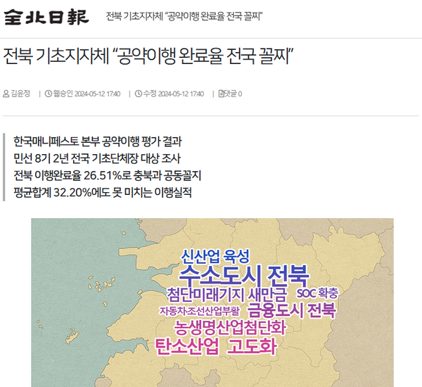 5월 12일 자 전북일보 홈페이지 보도 화면 편집
