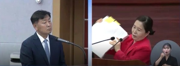 전북자치도의회 이수진 의원이 5일 열린 제410회 정례회 2차 본회의 도정질문에서 김관영 지사를 상대로 서예비엔날레 조직위원회의 계약 서류의 도장 위조를 문제 삼고 있다.(전북자치도의회 인터넷방송 갈무리) 