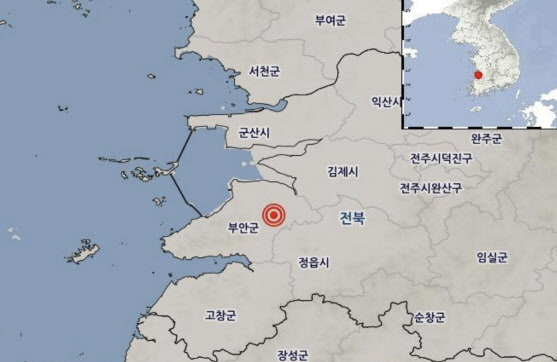 3일 오후 2시 24분 43초에 부안군 남남서쪽 4km 지역에서 규모 2.3의 지진이 발생했다.(사진=기상청 제공)