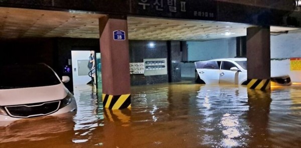 10일 군산지역의 한 빌라 주차장에 주차된 차량들이 절반 높이 가량 잠겨 있다.(사진=전북소방본부 제공)