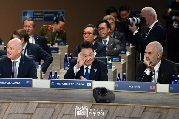 7월 11일 NATO 동맹국·파트너국 정상회의에 참석한 윤석열 대통령.(사진=대통령실 제공)