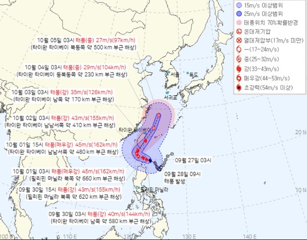 9월 30일 오전 4시 30분 기준 제18호 태풍 '끄라톤'(KRATHON) 이동 경로.(자료=기상청 제공)