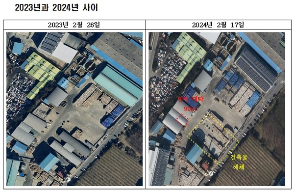전북지역 시민사회환경단체들이 국립국토지리원 발급 항공사진 등을 통해 조사·확인한 2018년부터 2024년 사이 전주시 팔복동 천일제지 주변의 건축법 위반 현황.(사진=전북환경운동연합 제공)