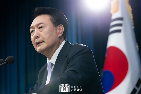 11월 7일 윤석열 대통령이 용산 대통령실에서 대국민담화 및 기자회견을 진행하고 있는 모습.(사진=대통령실 제공)