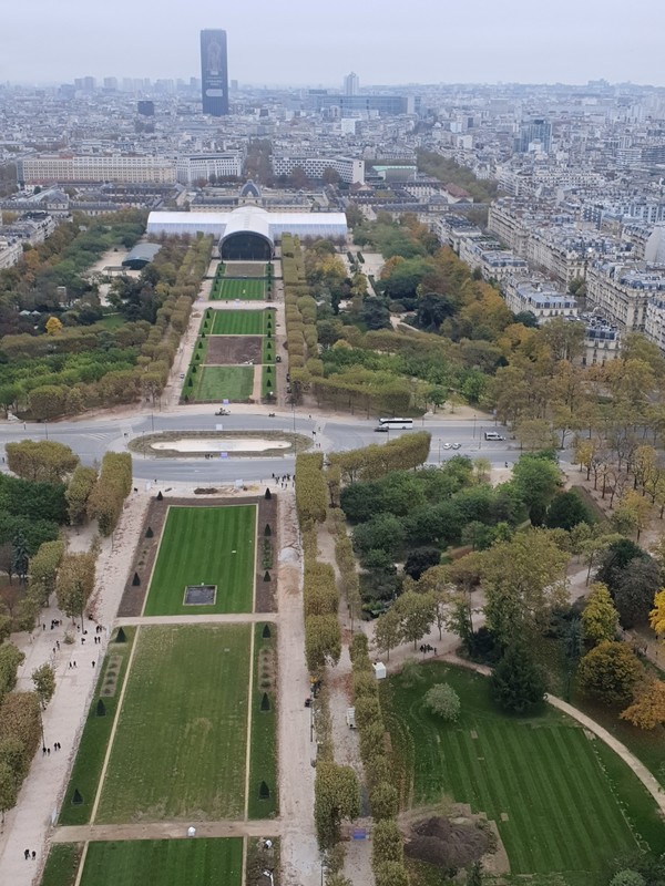 에펠탑의 정상 부근에서 바라본 파리 시내 공원과 시가지 모습.