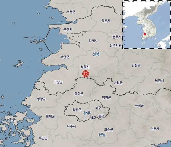 28일 새벽 0시 36분 11초에 정읍시에서 규모 2.5의 지진이 발생했다.(자료=기상청 제공) 
