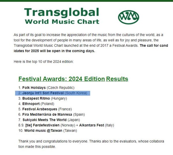 전주세계소리축제는 트랜스글로벌월드뮤직차트(TWMC)가 선정한 ‘2024 베스트 페스티벌 어워드’에서 2위를 차지했다.(사진=전주세계소리축제 제공)