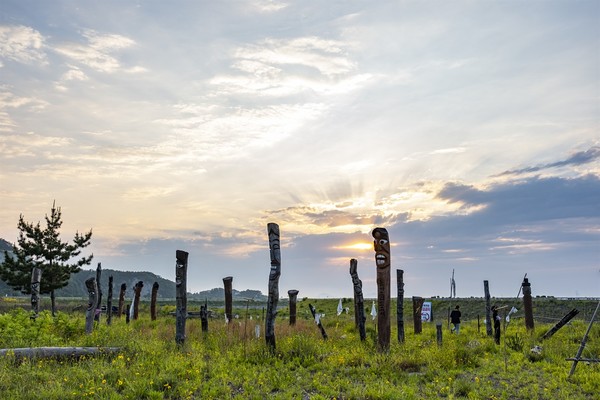 새만금 해창갯벌에 세워진 새만금지킴이 장승들.(사진=녹색연합 제공)